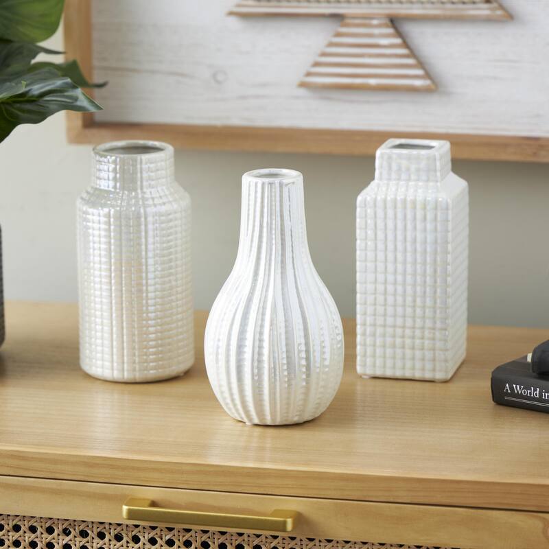 Ceramic Geometric Dimensional Textured Decorative Vase with Varying Shapes - Set of 3 Gold, Silver, Cream - Roche River Decor