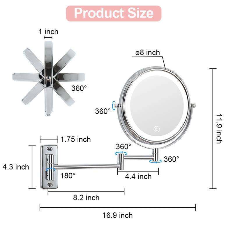 8 inch Double-Sided Wall Mounted 10X LED Magnifying Bathroom Mirror