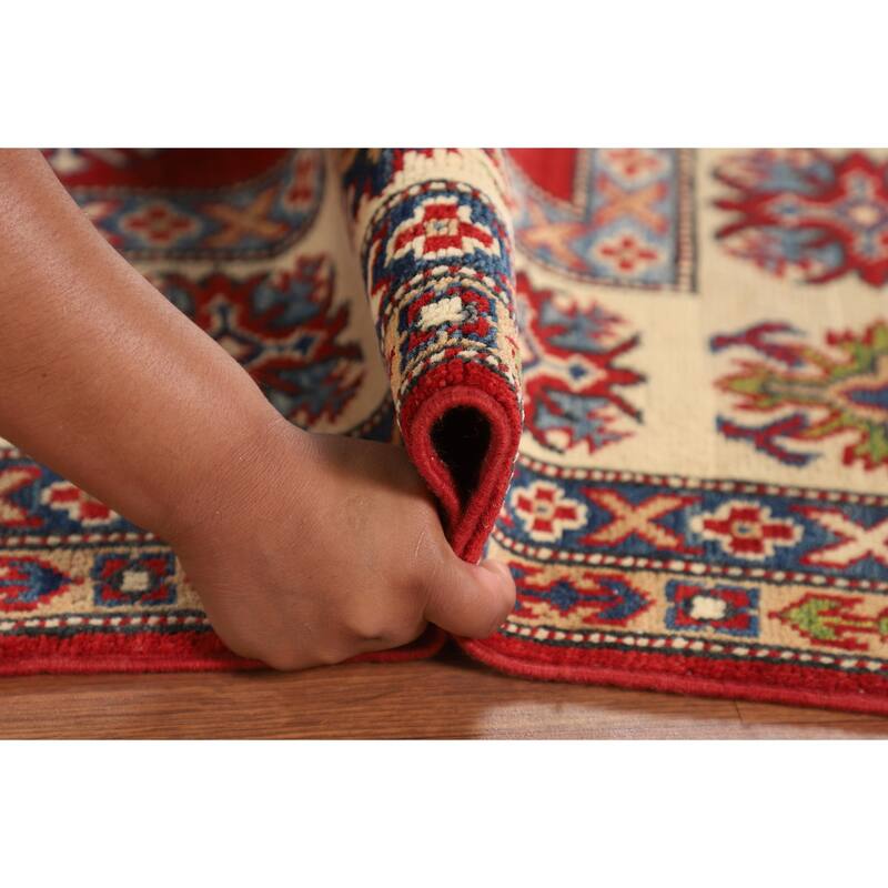 Geometric Kazak Area Rug Hand-Knotted Oriental Red Wool Carpet - 6'6" x 9'11"