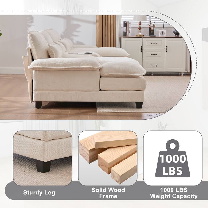 6-seat Chenille Upholstered Modern U-shaped Sectional Multifunctional Sofa with 2 Cup Holders,Pull-out Storage Space