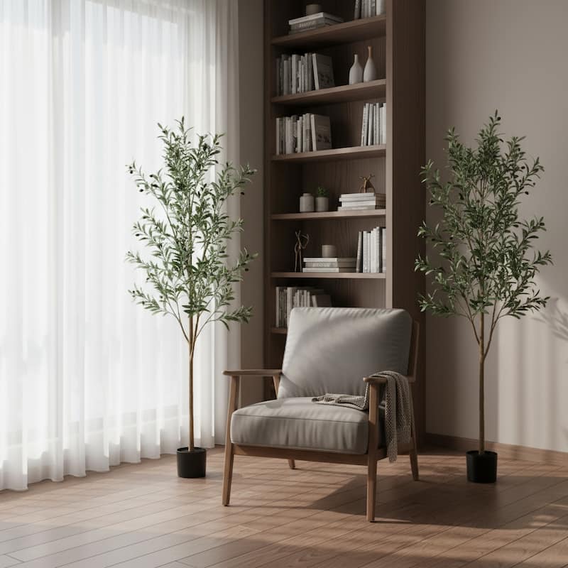 HomeRoots Set Of Two 84" Green Artificial Olive Trees in a Black Pot - 26.00 in. x 84.00 in. x 26.00 in. - Green - 26.00 in. x 84.00 in.  x 26.00 in.