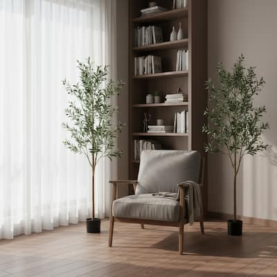 HomeRoots Set Of Two 84" Green Artificial Olive Trees in a Black Pot - 26.00 in. x 84.00 in. x 26.00 in.