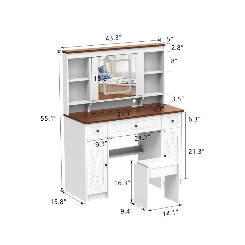 Farmhouse Vanity Desk with Sliding Mirror - White