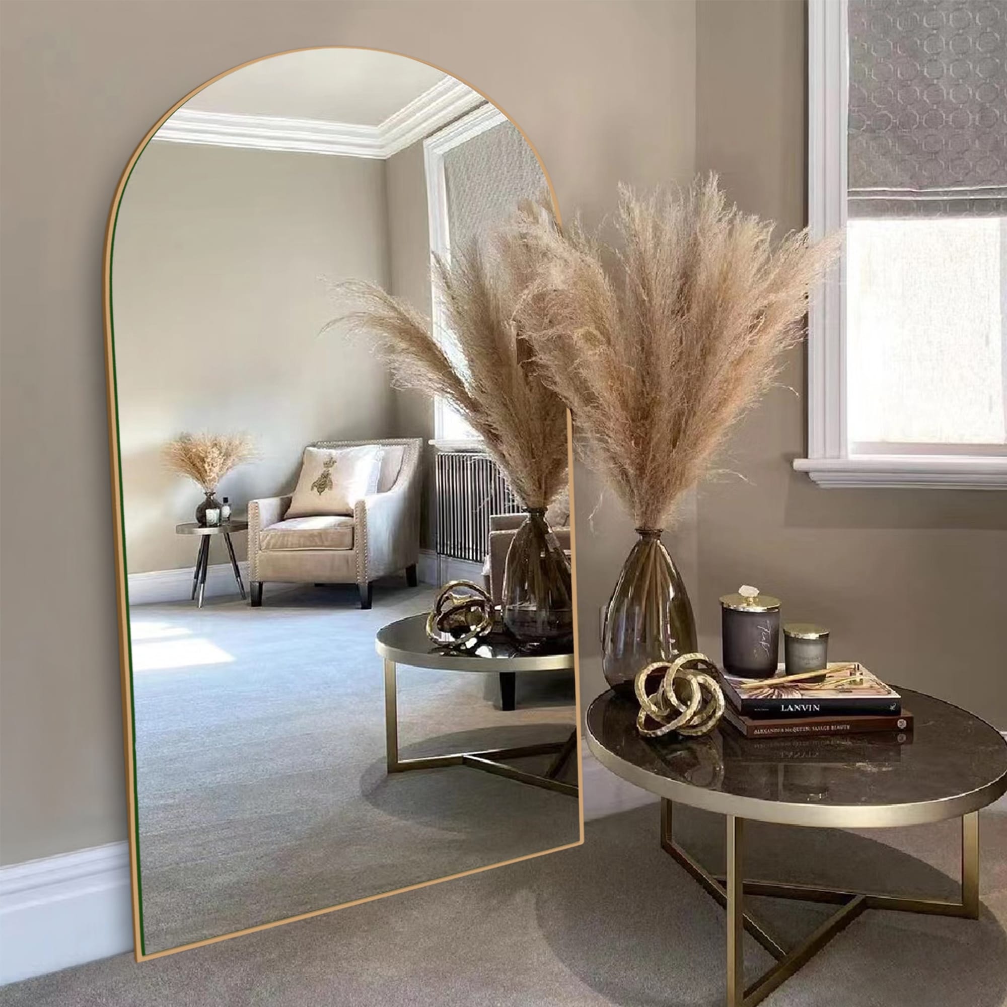 Modern Arched Full-Length Wood Floor Standing Mirror