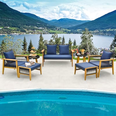 7 PCS Conversation Set Rattan Chair Set w/ Coffee Tables Ottomans