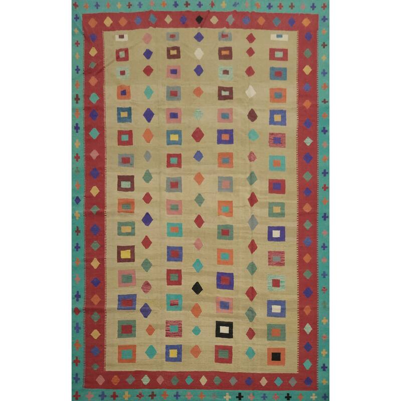 Hand Woven Oriental 100% Wool Carpet Southwestern Modern Multi-Colored Kilim Area Rug - 14' 6'' X 9' 10''