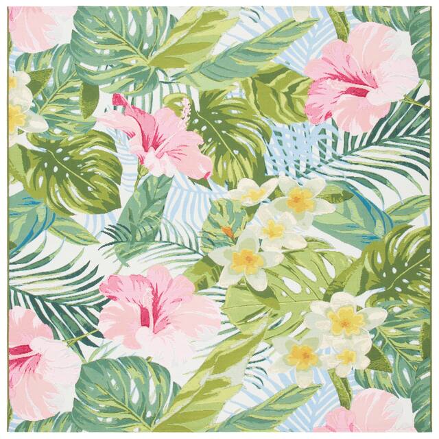 SAFAVIEH Barbados Zalja Tropical Indoor/ Outdoor Waterproof Patio Backyard Rug - 6'6" x 6'6"Square - Green/Pink