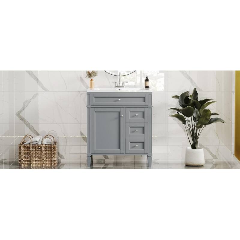 Roomfitters 30" Vanity with Sink, Bathroom Cabinet with 2 Drawers and Tip-out Tray, Modern Freestanding Design