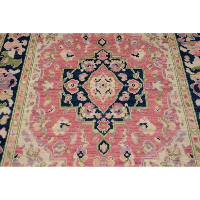 Hand Knotted Oriental 100% Wool Carpet Transitional Medallion Pink Oushak Area Rug - 6' 7'' X 5' 2''