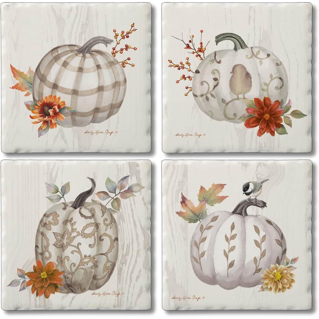 Chinoiserie Fall Pumpkins Multi-Image Absorbent Stone Coaster 4 Pack with Protective Cork Backing Manufactured in The USA