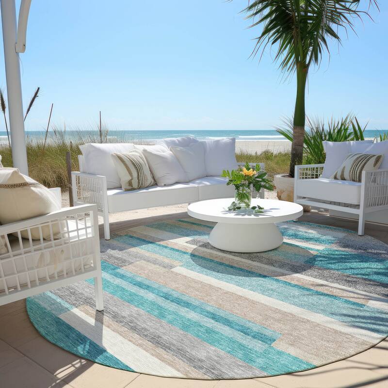 Machine Washable Indoor/ Outdoor Chantille Contempory Stripes Rug - Teal - 8' x 8'