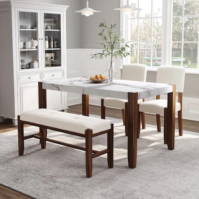 4 Piece Dining Furniture Set, 4 Person Kitchen Dining Table Set with Faux Marble Style Table, 2 Upholstered Chairs and Bench