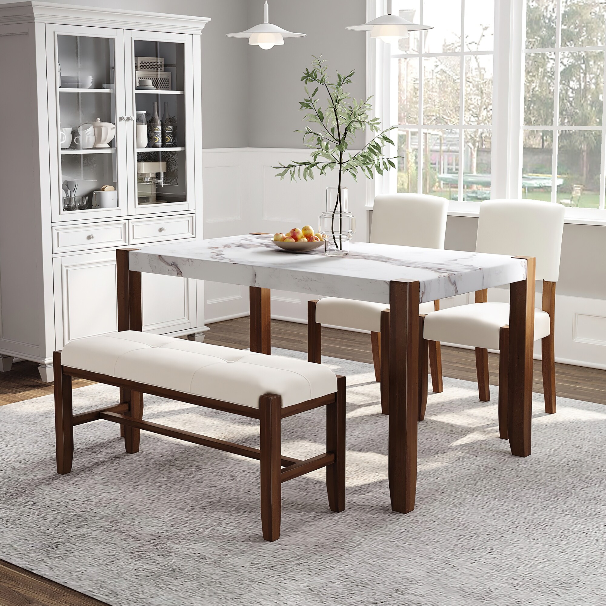4 Piece Modern Dining Room Furniture Set with 46 Faux Marble Style Table 2 Wooden Leg Upholstered Chairs and 1 Bench Bed Bath Beyond 40652841