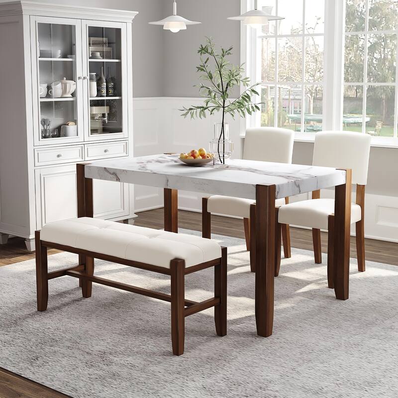 4-Piece Modern Dining Furniture Set, 46" Faux Marble Style Table and 2 Upholstered Chairs & Bench with Wood Legs - Off White