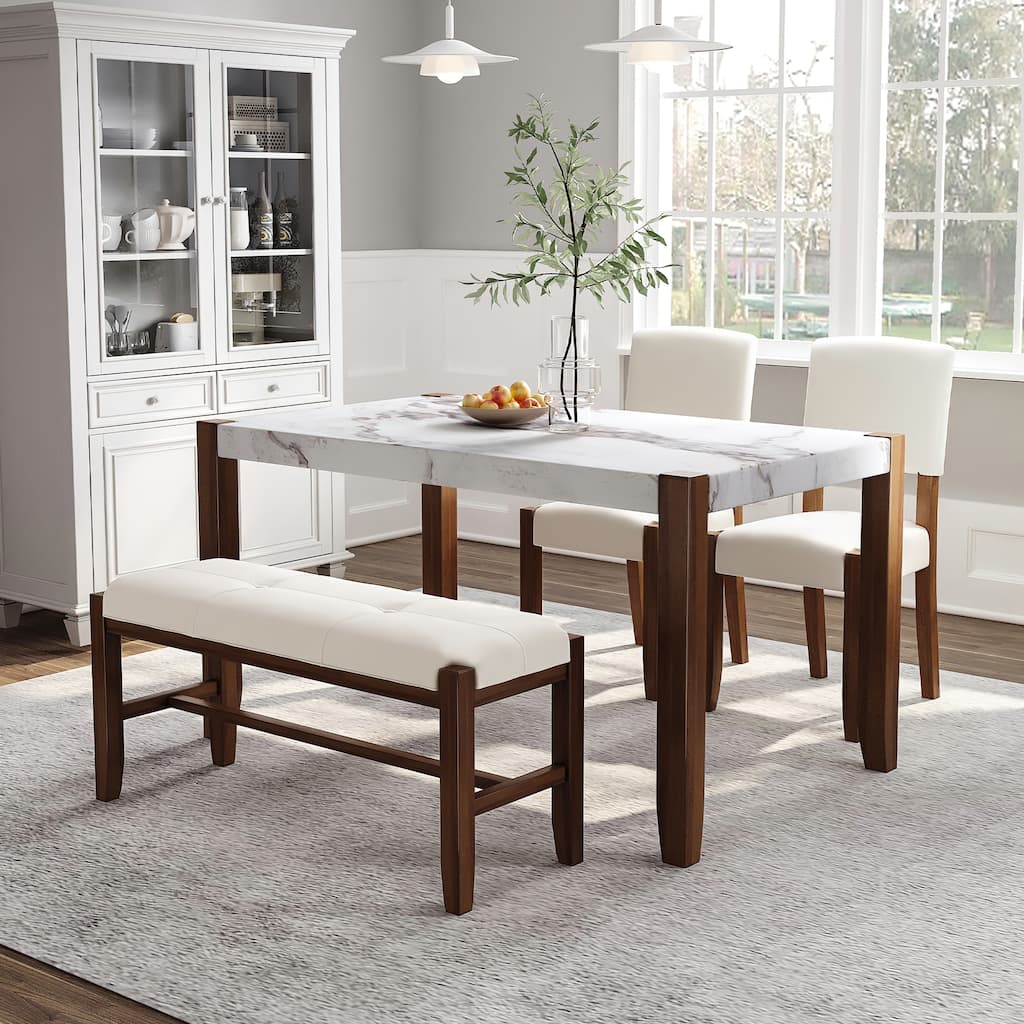 Modern Style 4-Piece Dining Set with Rectangular Table and 2 Upholstered Chairs and 1 Bench