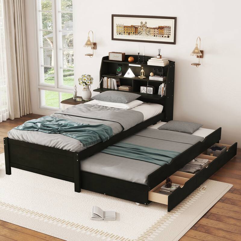 Innovative Twin Size Wooden Platform Bed with Multiple Storage Options