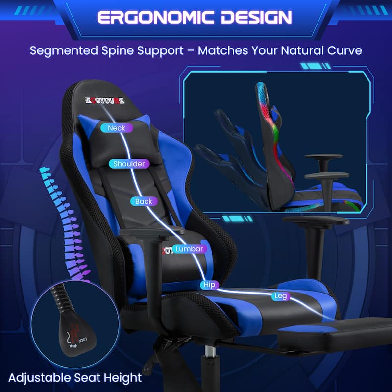 EROMMY RGB LED Gaming Chair with Massage Lumbar Support & Footrest, Ergonomic Reclining Computer Chair for Adults