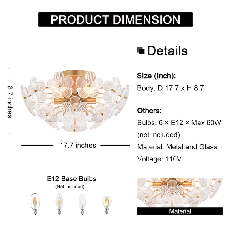 Rosa Modern 6-Light 17.7" Glam Clear Glass Flower Crystal Flush Mount