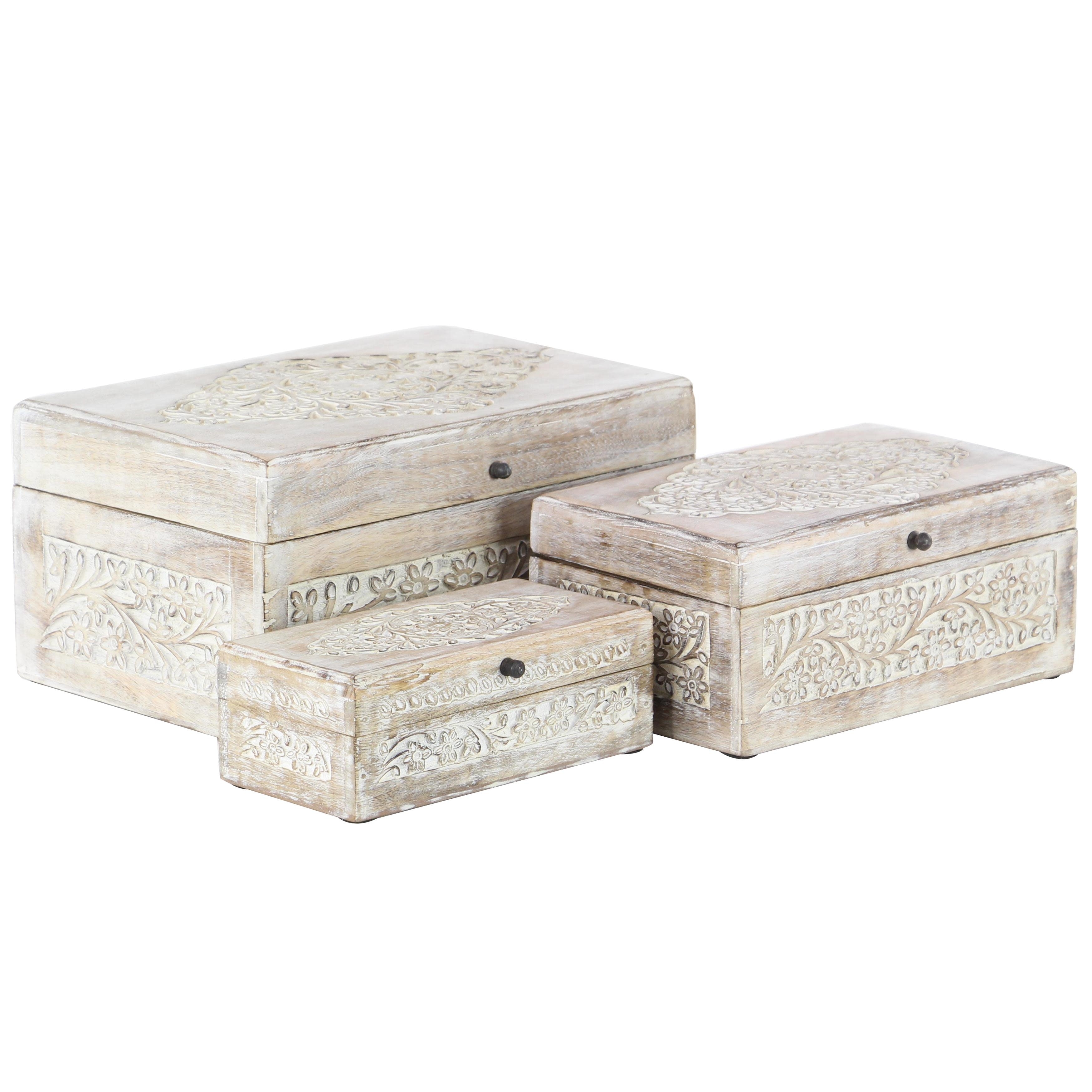 Roche River Decor - Mango Wood Floral Box with Hinged Lid - Set of 3 Cream