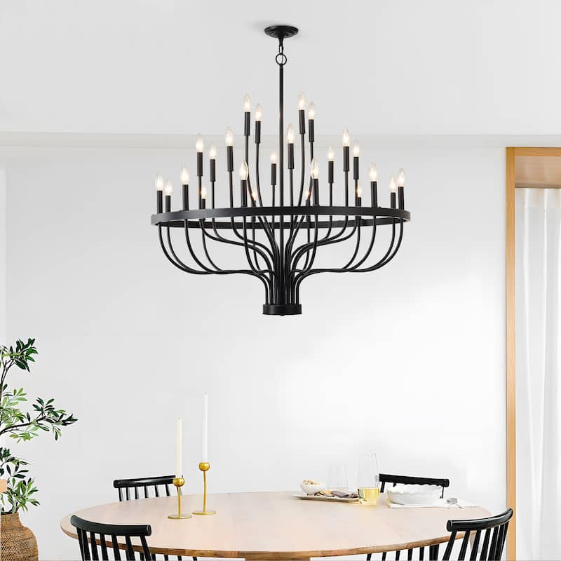 Farmhouse Suspended Pendant Light Fixture 24-Light Black Industrial Iron Candle Chandelier, for Dining Room, Living Room