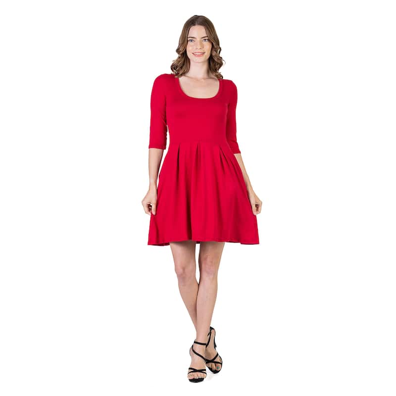 24seven Comfort Apparel Three Quarter Sleeve Fit and Flare Mini Dress - Red - M