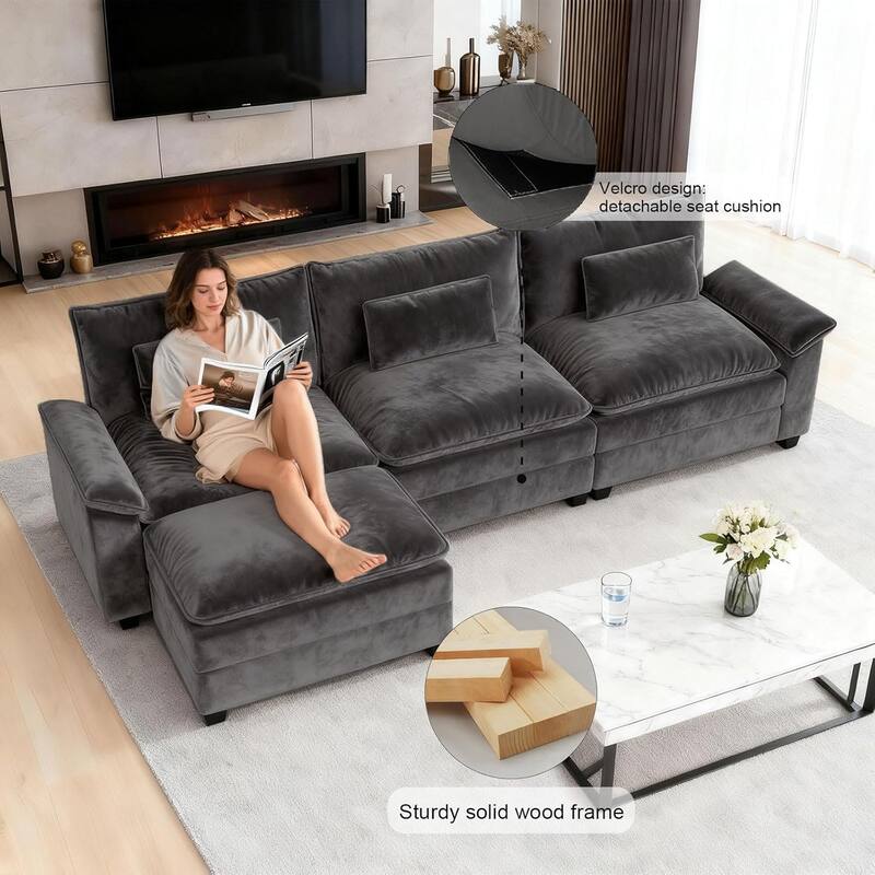 Kullavik Cloud Chenille L-Shaped Sofa, Modular Sectional Sofa with Ottoman, Throw Pillows and Double Layered Cushion