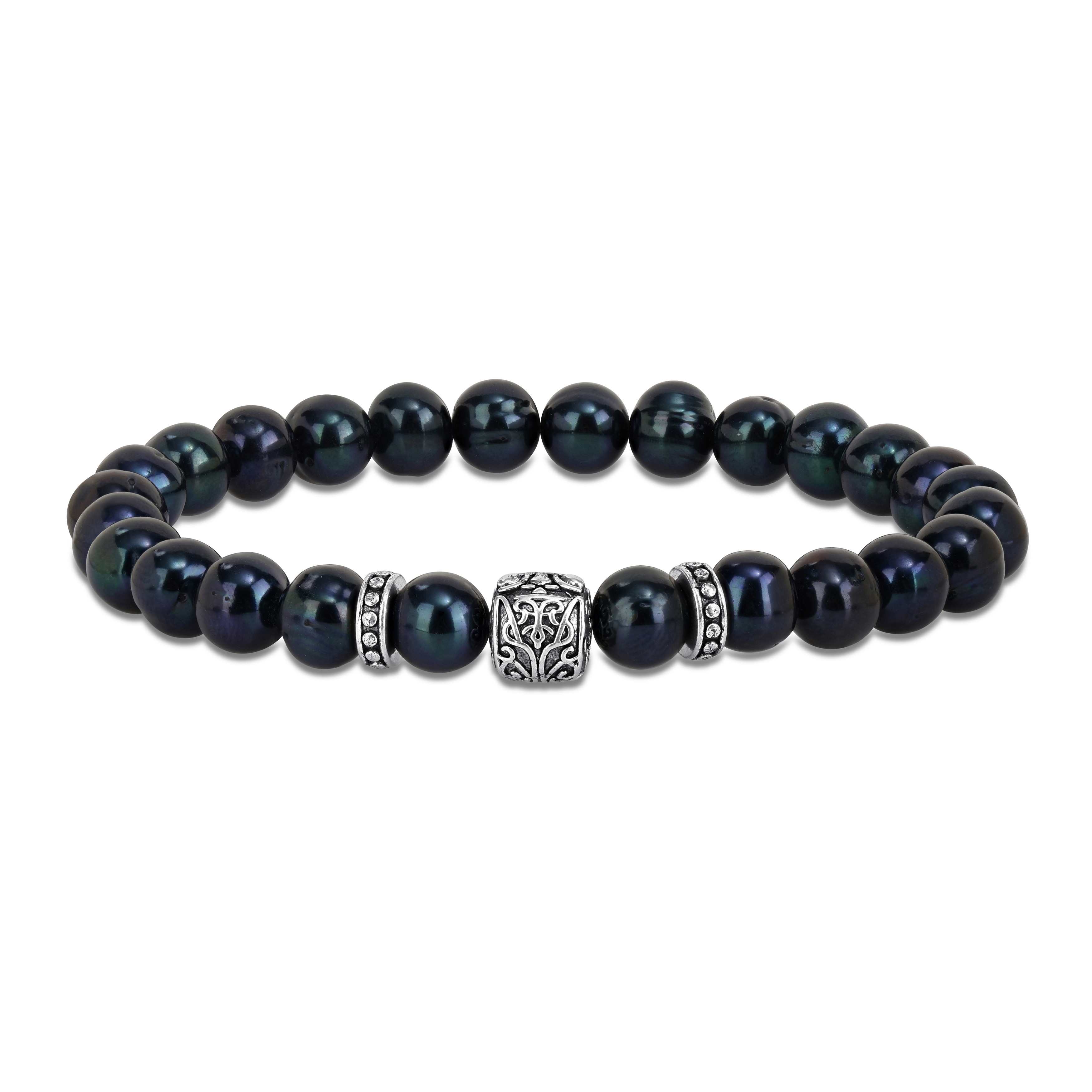 Miadora Black Cultured Freshwater Pearl Stretchable Bracelet with Silvertone Rondelles