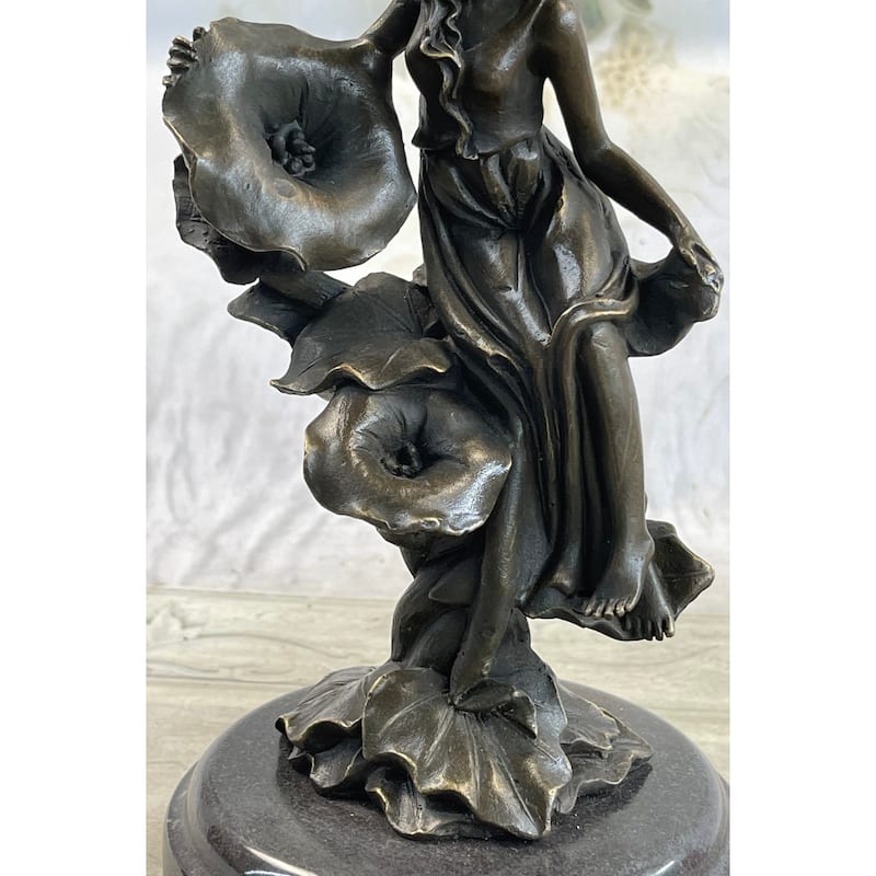 Girl Resting On Flower Bronze Sculpture Statue Figure Fantasy Decor 9 Inches X 5 Inches