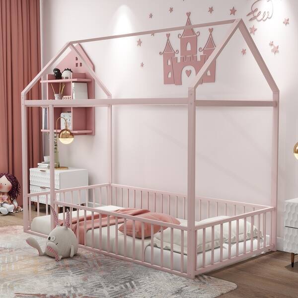 slide 2 of 9, Pink Frame Metal Bed, Twin Size House Bed, Toddler Floor Bed Pink - Twin