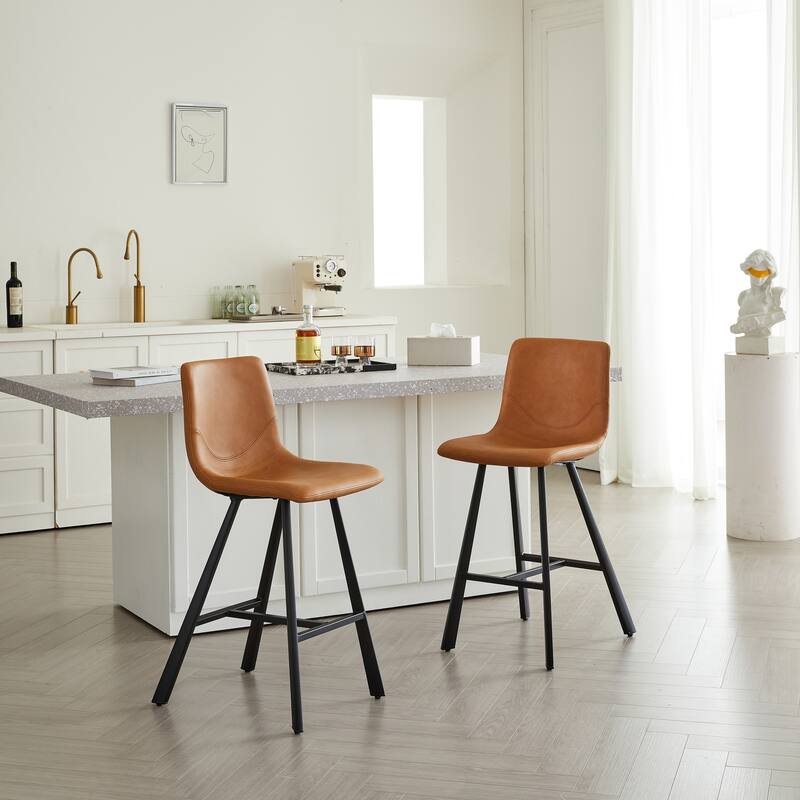 Set of 2 Bar Stool with Ergonomic Curved Backrest - Sturdy Black Metal Frame Counter Height Seating with Footrest - Cognac