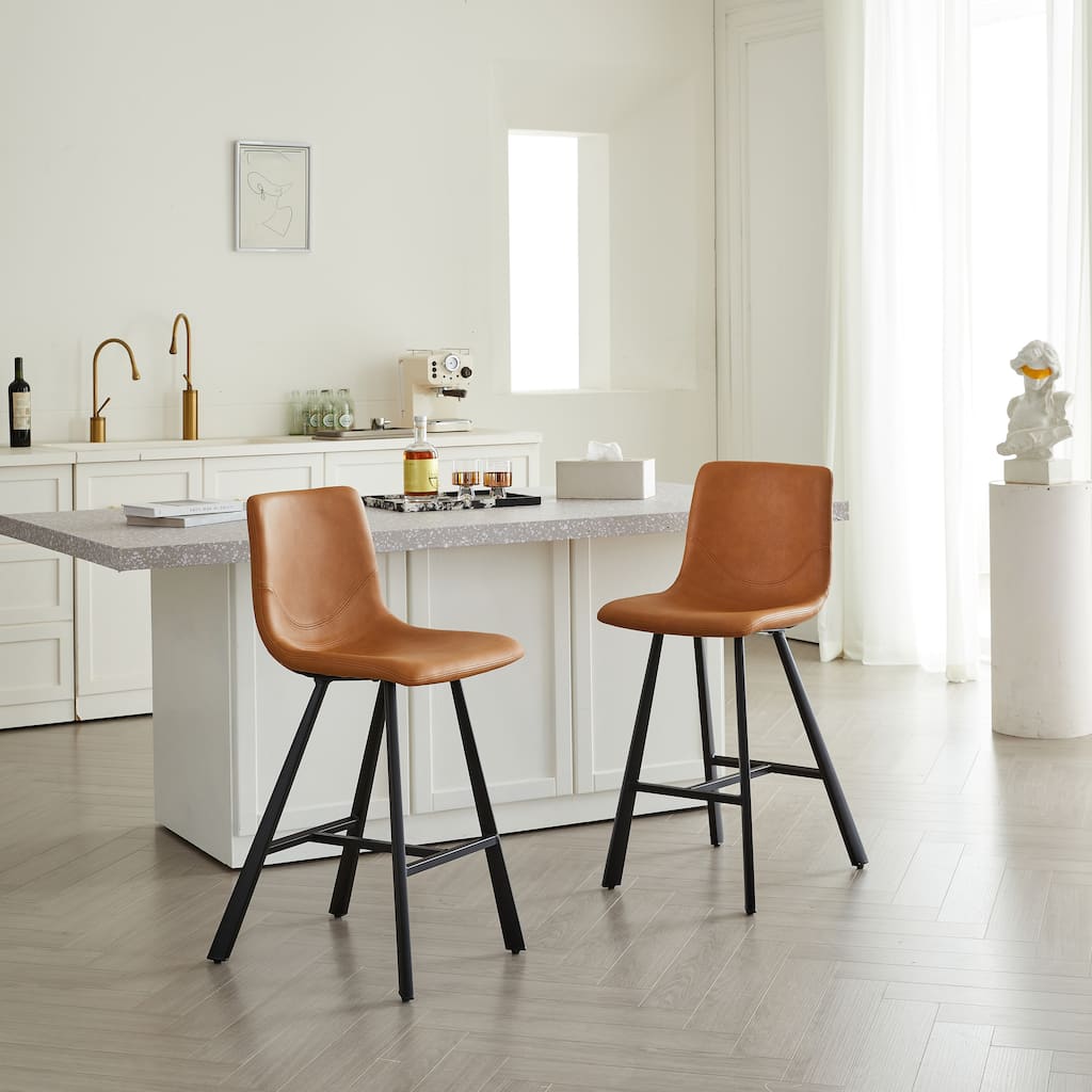 Set of 2 Bar Stool with Ergonomic Curved Backrest - Sturdy Black Metal Frame Counter Height Seating with Footrest