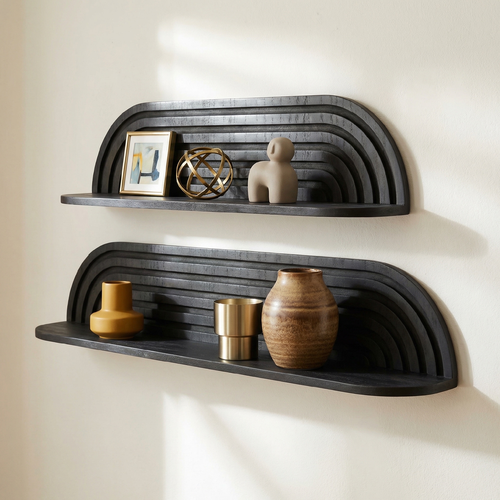 Black Floating Wall Shelf Set (2), Rustic Solid Wood Shelves for Bedroom, Bathroom, Living Room & Kitchen Storage - 2pc