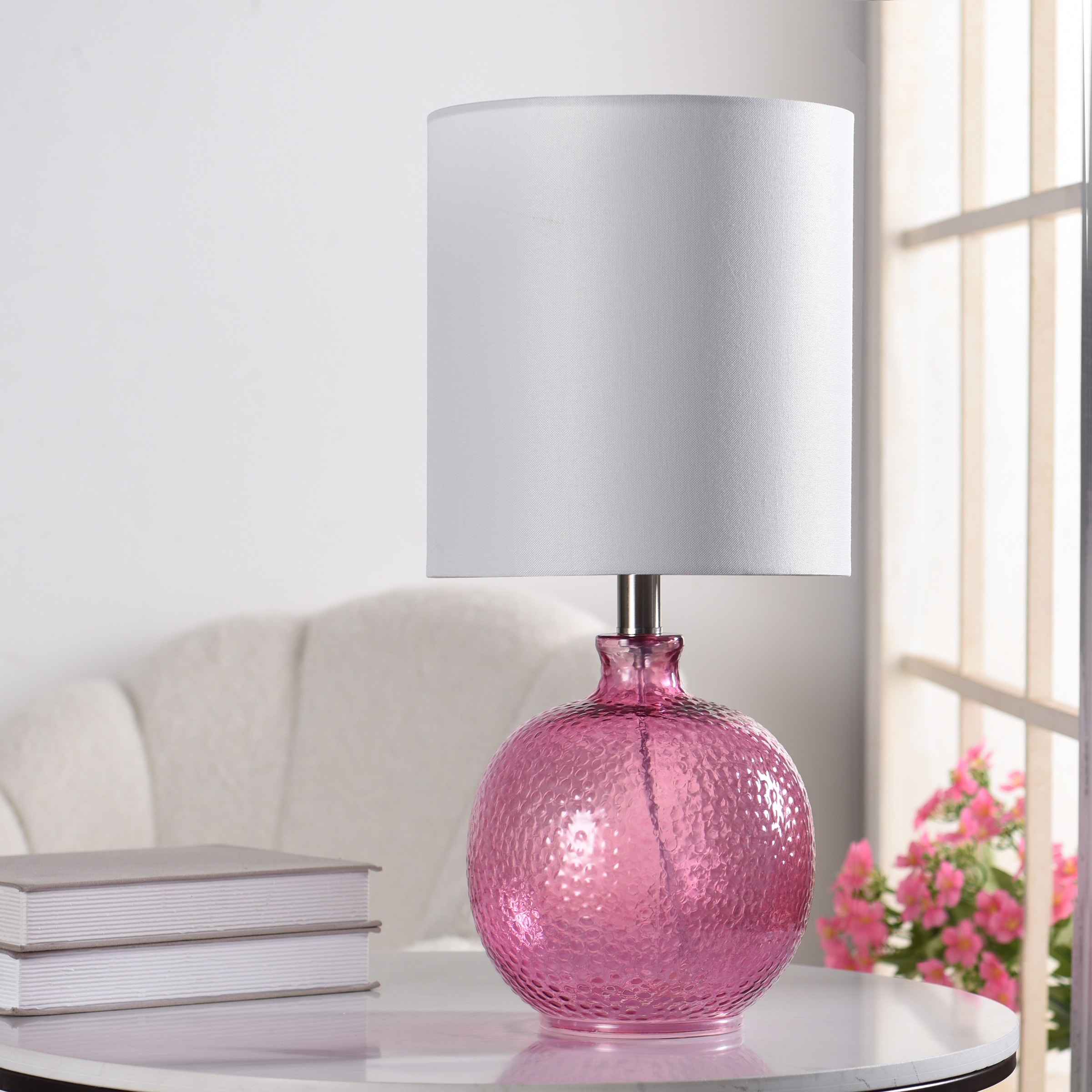 StyleCraft Glass Bright Purple Table Lamp - White Hardback Fabric Shade -  Overstock - 24260050