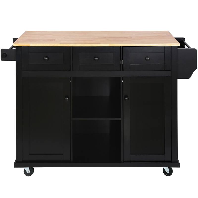 53.10 '' Rubberwood Kitchen Cart with Drop-Leaf, Adjustable Shelf, Rolling Wheels, and 3 Drawers - 53.1'' x 29.5'' x 37.2''