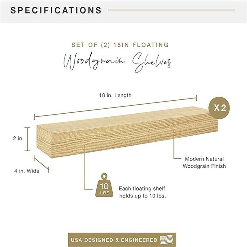 Natural Woodgrain Floating Shelves, 18 Inch x 4 Inch, Set of 2, 18 x 4 - 4"D x 18"W x 2"H