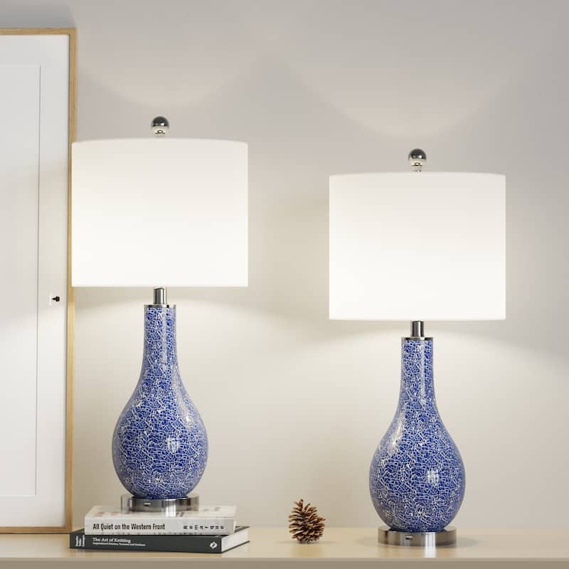 25.25" Glass Table Lamp Set with USB (Set of 2) - Blue
