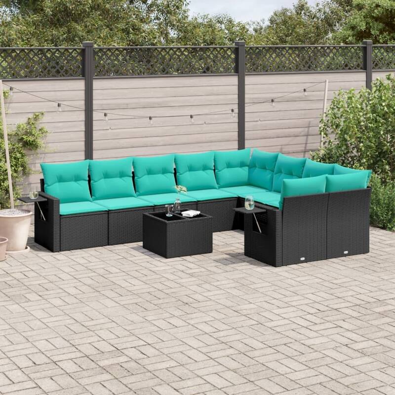 vidaXL 9 Piece Patio Sofa Set with Cushions Black Poly Rattan - 21.7x27.2x24.4-With table