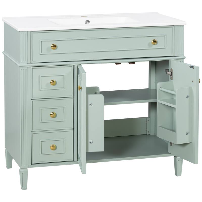 Modern 36 Inch Bathroom Vanity with Ceramic Sink, Solid Wood Frame Bathroom Storage Cabinet with Drawers and Gold Handles