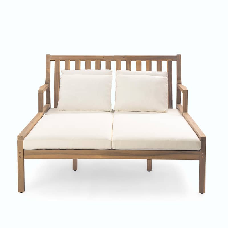 Wooden Patio Lounge Chair - 2-Position Chaise with Curved Armrests and 4 Cushions