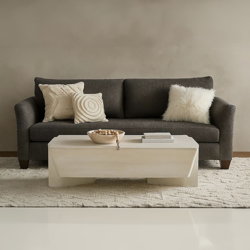 Joanie Coffee Table | 45" Rectangular Biscotti White Handcrafted Mango Wood | Solid Asymmetric Base
