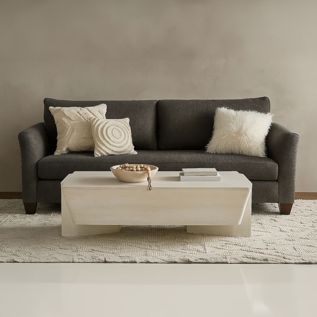 Joanie Coffee Table | 45" Rectangular Biscotti White Handcrafted Mango Wood | Solid Asymmetric Base