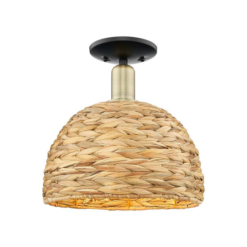 Innovations Lighting Endless Possibilities Arcadia - Woven Rattan - 1 Light 12" Semi-Flush Mount - Black Antique Brass/Natural