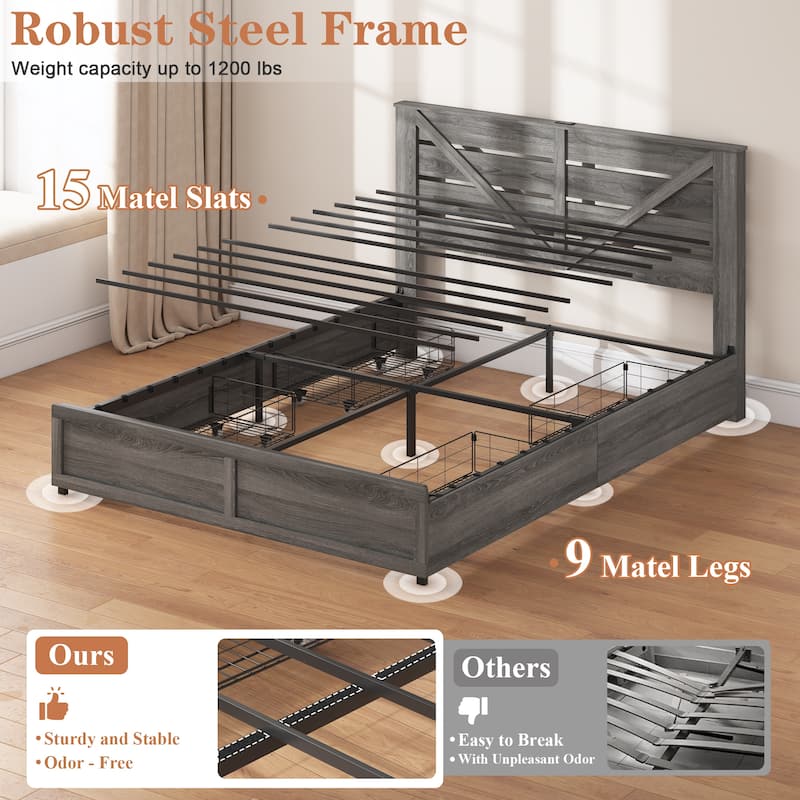Antique Grey Platform Bed with Barn Door Headboard and Footboard 4 Drawers LED Light