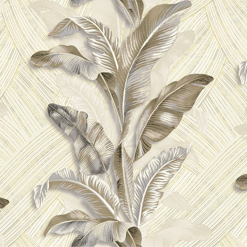 Galerie Wallcoverings Stratum Collection Palma Leaf Vinyl on Non-woven Metallic Wallpaper Roll Double Width - 33-feet long x 42-inches wide - Grey/Cream/Beige