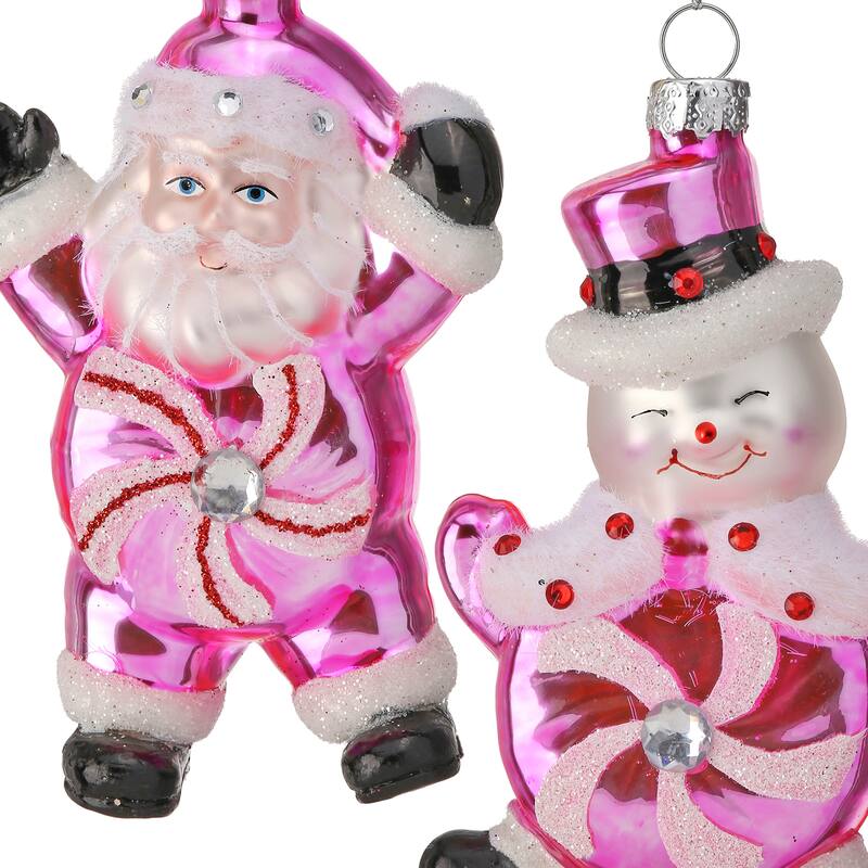 4" Glass Candy Snowman and Santa Ornament Set of 2