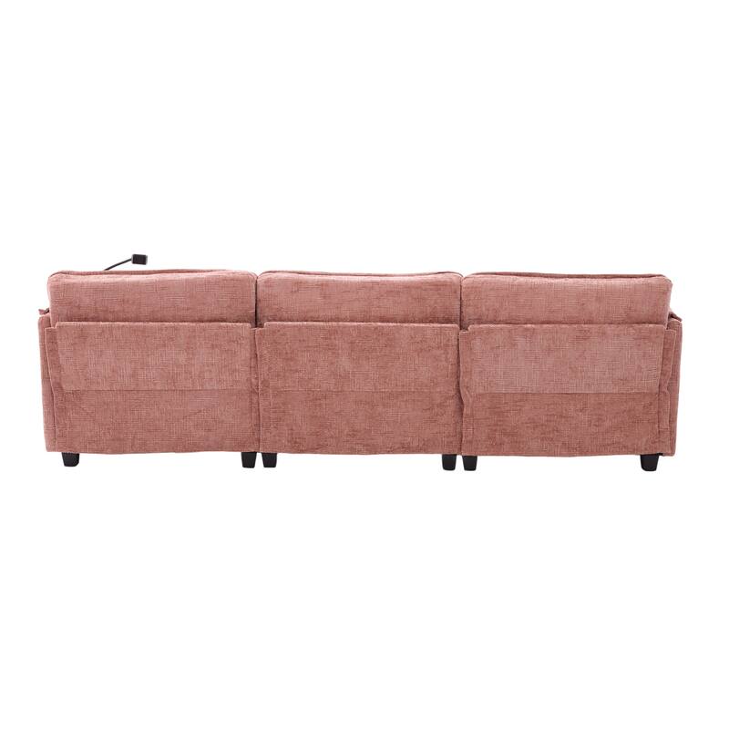Modern Chenille Chaise Couch L-shaped Sectional Sofa with Storage Ottoman, Phone Holder, USB/Type-C Ports and Side Pockets