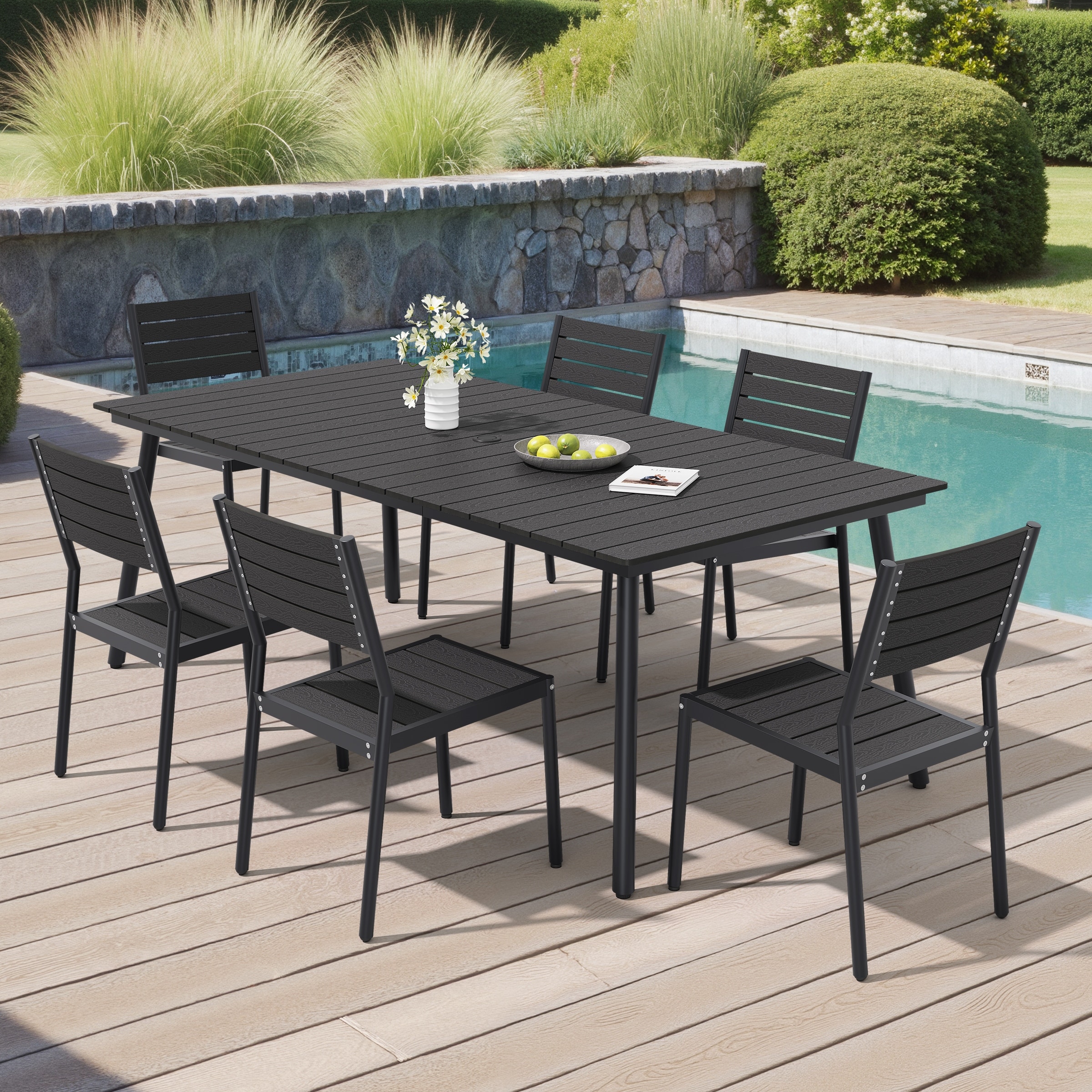 7-Piece Outdoor Patio Dining Set Wood-Like Table Top Aluminum Umbrella Hole Table with Stackable Armless Dining Chairs