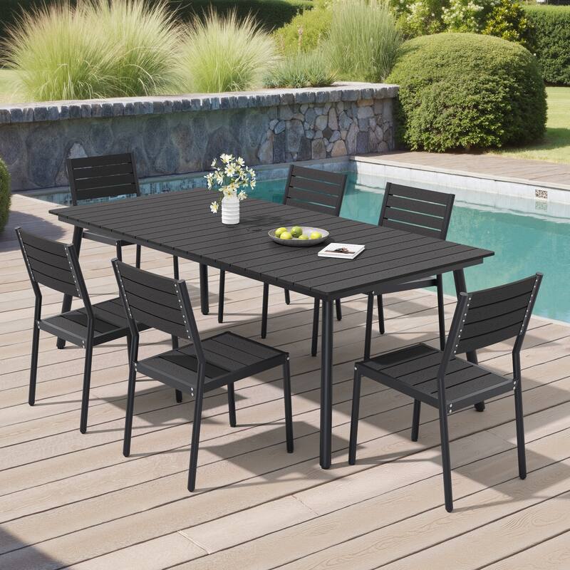 7-Piece Outdoor Patio Dining Set Wood-Like Table Top Alumium Umbrella Hole Table with Stackable Armless Dining Chairs - Black