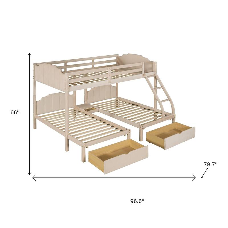 HomeRoots Beige Full Over Two Twins Solid Wood Bunk Bed With Drawers And Storage