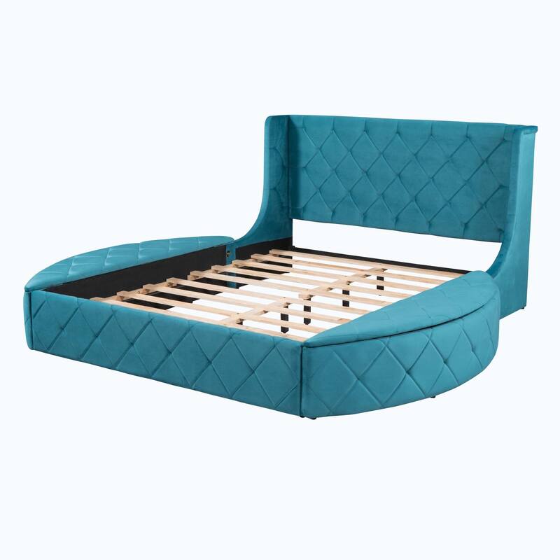 Queen Size Upholstered Platform Bed with Wingback Headboard and 1 Big Drawer,2 Side Storage Stool